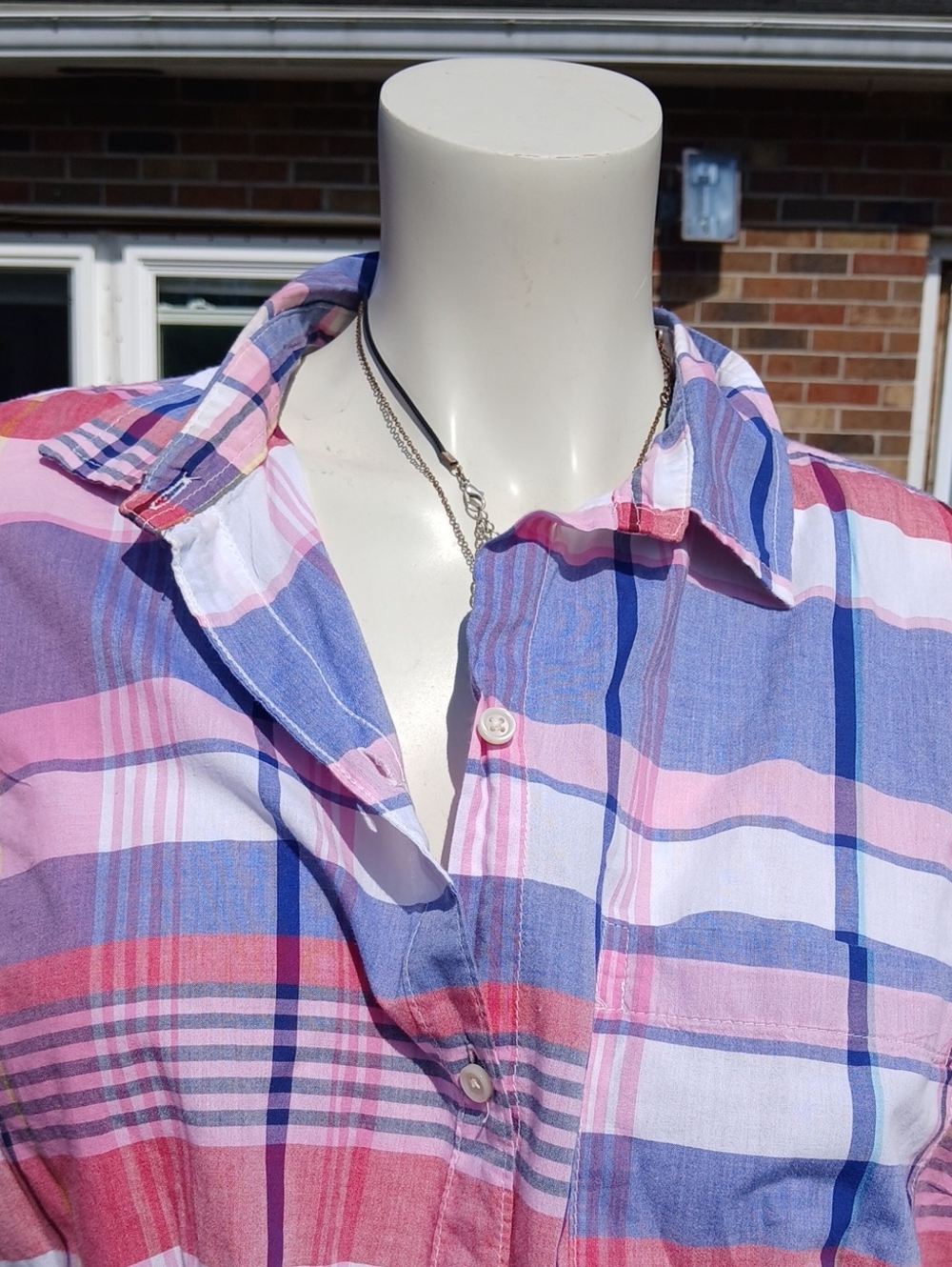 Pink White Blue Plaid Button-Up Shirt Long Sleeve